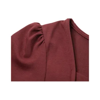 Mo Han Yi Mei Puff Sleeve T Shirt Women's Dark Red