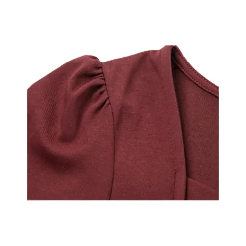 Mo Han Yi Mei Puff Sleeve T Shirt Women's Dark Red