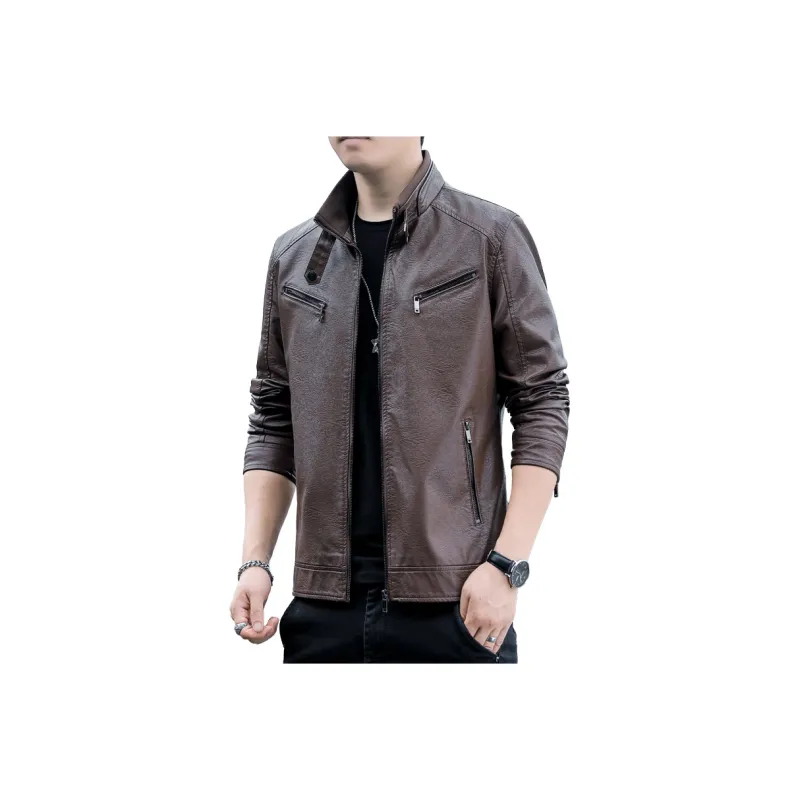 PIERRE CARDIN Stand Collar Leather Jacket Unisex-27