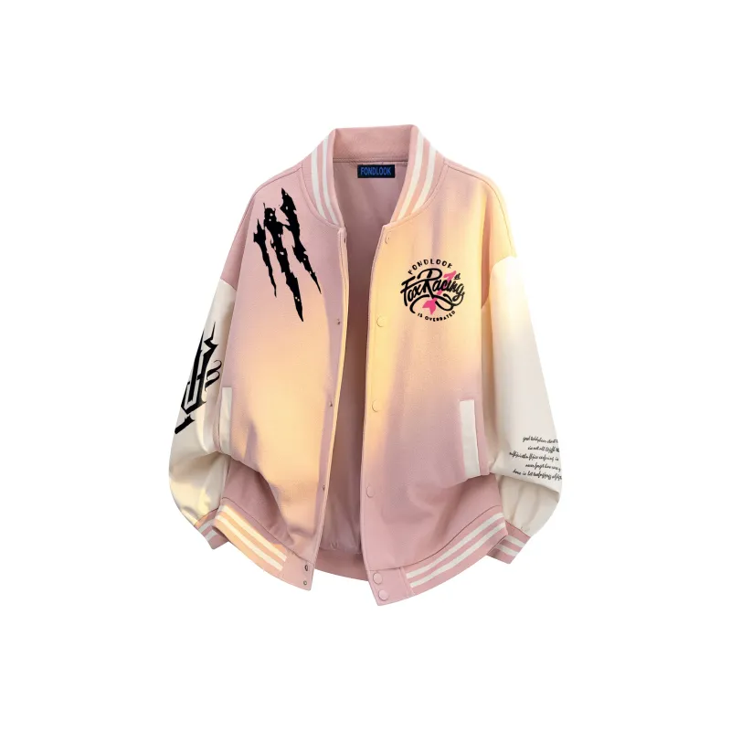 FONDLOOK Baseball Jacket Unisex Pink-3