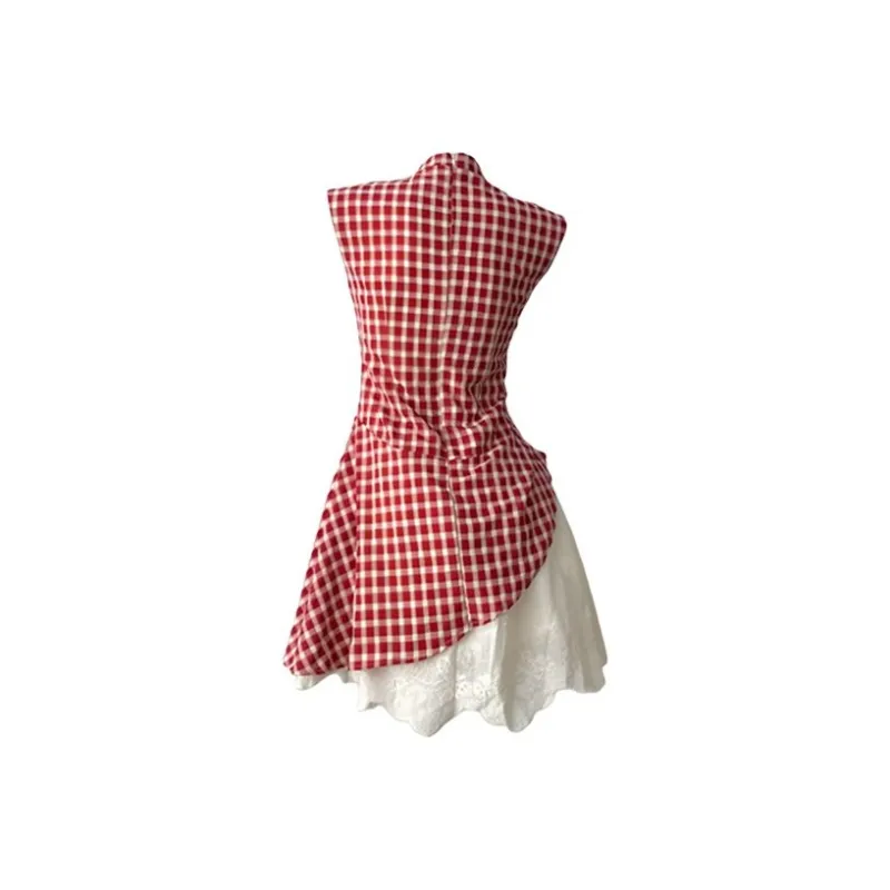 HUINIAN Sleeveless Dress Women's Red Plaid-1