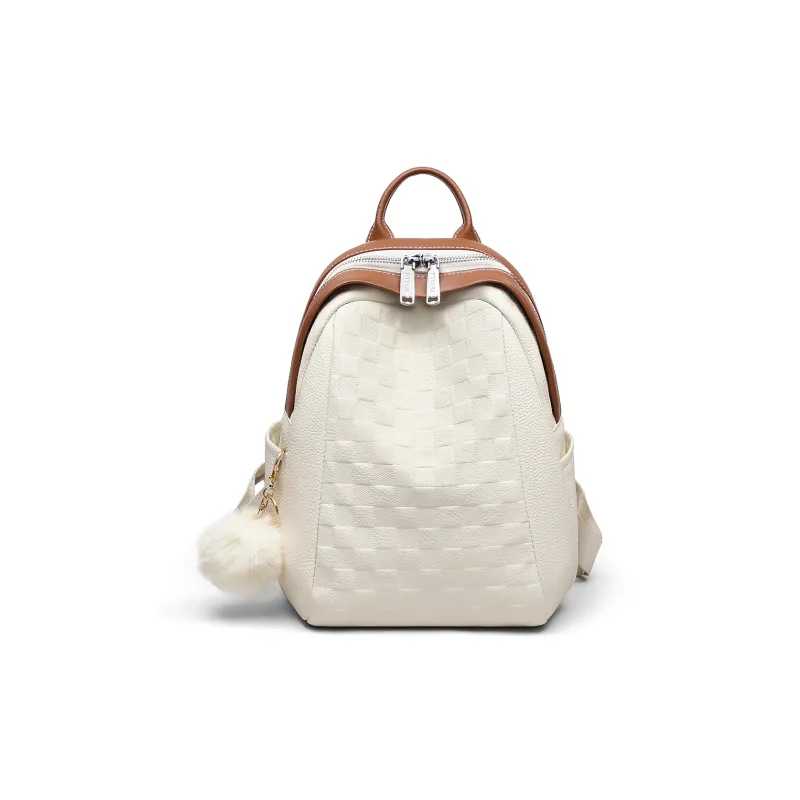 PT'SON Cow Leather Backpack Regular Women's Ecru/Black-3