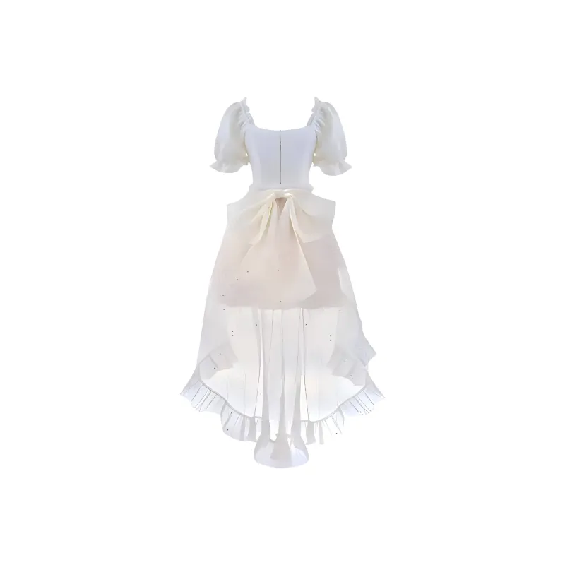 CZMO Short Sleeved Dress Women's Apricot Dress+Detachable Skirt Hem+Large Bowknot-1