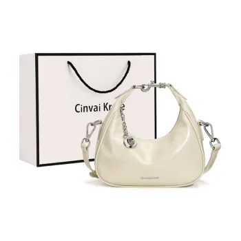CinvaiKrose Cow Leather Half Crescent Bag, Shoulder Bag, Crossbody Bag, Handbag Small Size Women's Ecru/Silver/Black