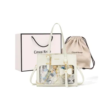CinvaiKrose Synthetic Leather Shoulder Bag, Crossbody Bag, Handbag, Tote Bag Large Size Women's Ecru