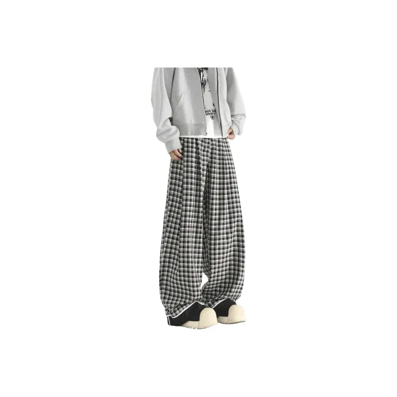 T IRA Casual Pants Unisex Black White Plaid-0