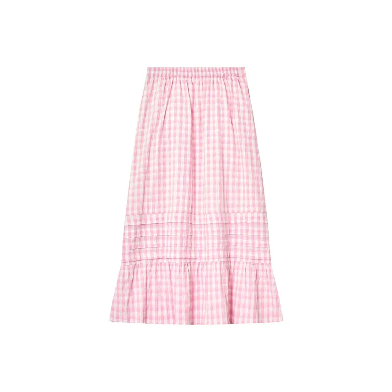 ELF SACK Casual Long Skirt Women's Pink White Plaid-1