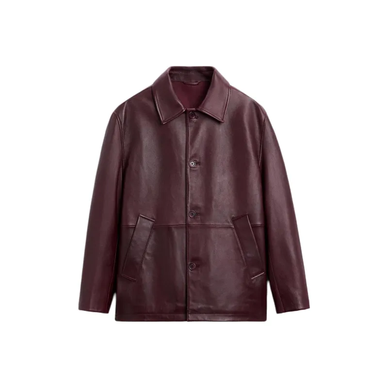 ZARA Leather Jacket Men's Burgundy Red-0