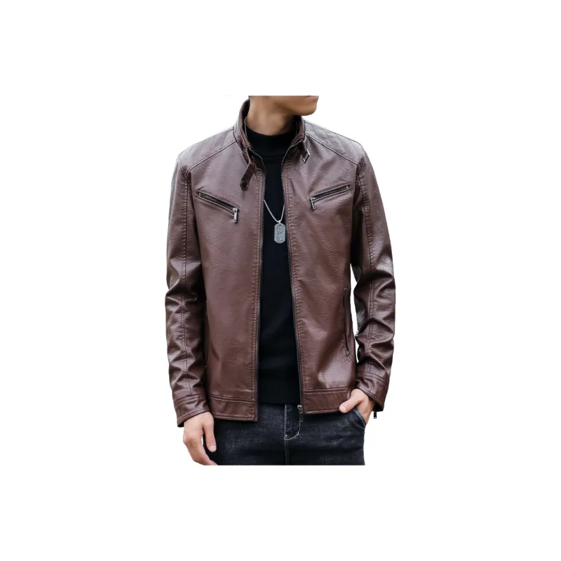 PIERRE CARDIN Stand Collar Leather Jacket Unisex-8
