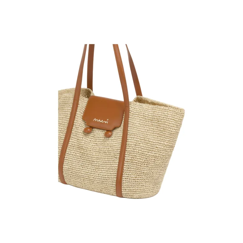 MARNI Trunkaroo Paper With Cow Leather Tote Bag, Shopping Bag, Shoulder Bag Medium Size Women's Beige & Brown-3