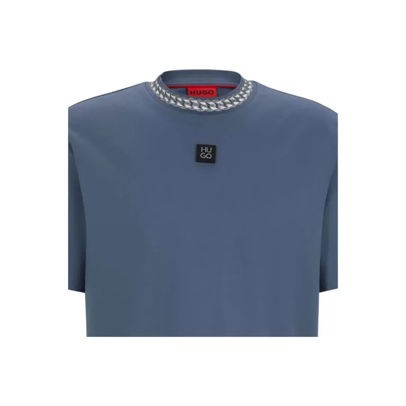 HUGO BOSS Interlock Cotton T Shirt With Chain Print Collar T Shirt Men's Blue-4