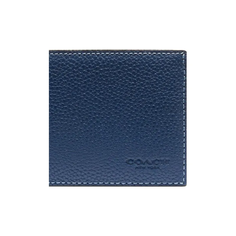 COACH Billfold Wallet Soft Polished Pebbled Leather Coin Purse Wallets Card Holders Men's Royal Blue-3