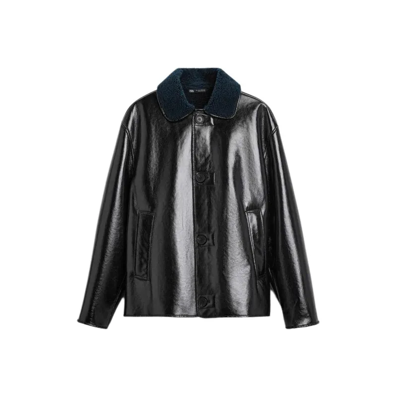 ZARA Leather Jacket Men's Deep Sea Blue-0