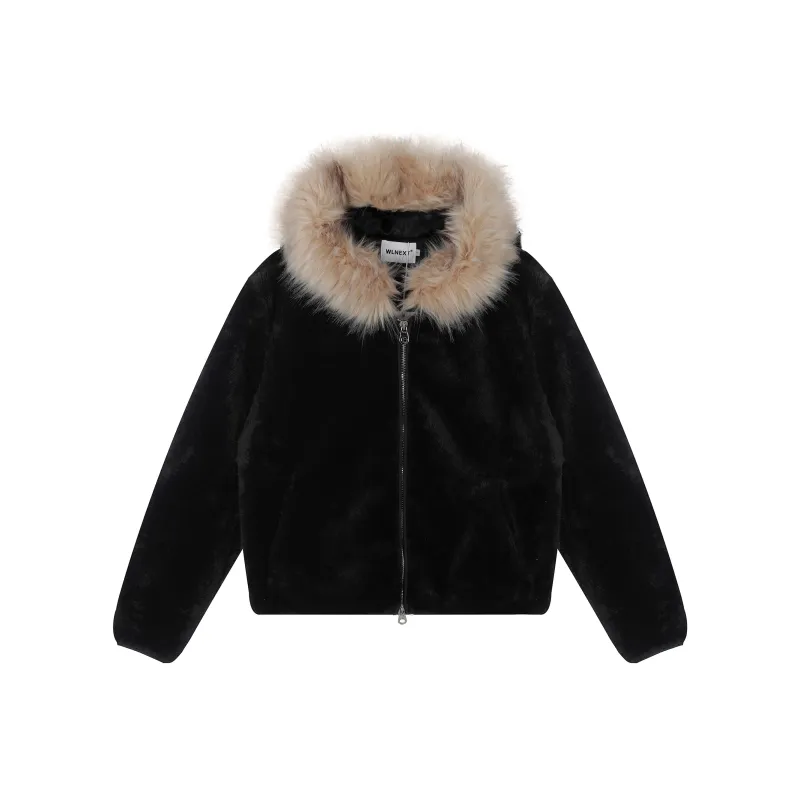 WLNEXT Fur Collar Coat Trendy Brand Premium Effortless Style Puffer Jacket Unisex Black-0