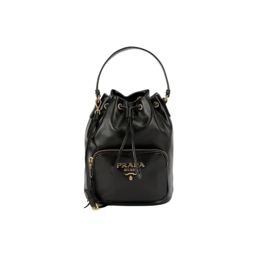 PRADA Duet Lambskin Bucket Bag, One Shoulder Handbag Women's Black