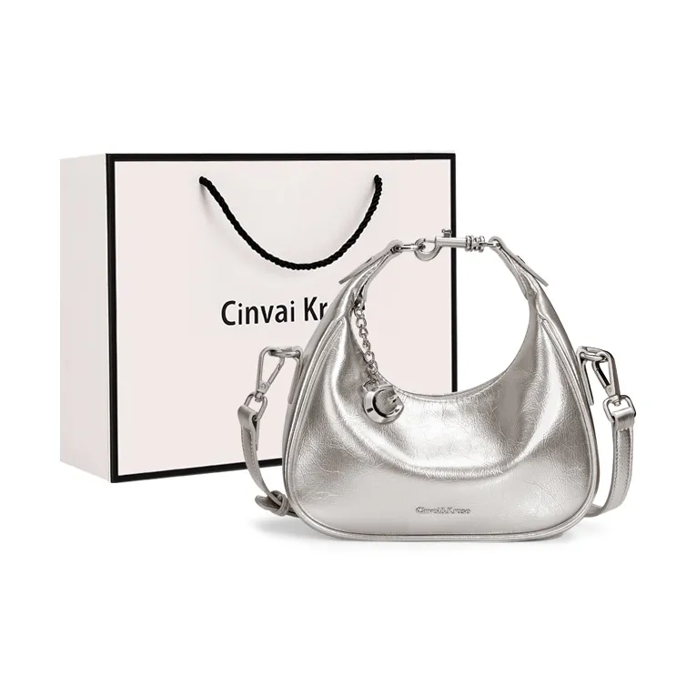 CinvaiKrose Cow Leather Half Crescent Bag, Shoulder Bag, Crossbody Bag, Handbag Small Size Women's Ecru/Silver/Black-5