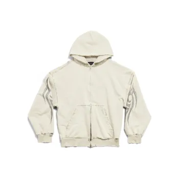 Balenciaga Distressed Logo Embroidered Zip Hoodie