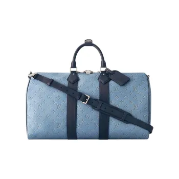LOUIS VUITTON Keepall Denim One Shoulder Crossbody Handbag, Travel Bag Unisex Blue Denim Blue