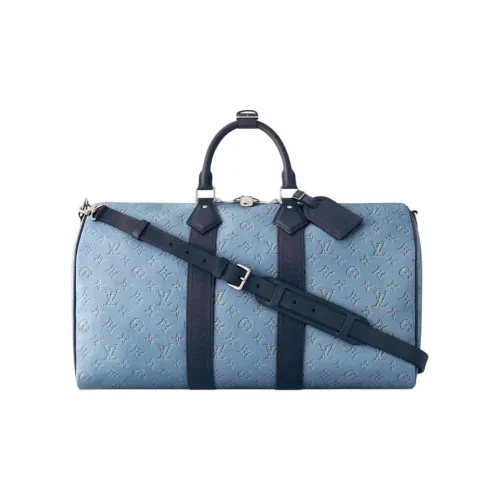 LOUIS VUITTON Keepall Denim One Shoulder Crossbody Handbag, Travel Bag Unisex Blue Denim Blue