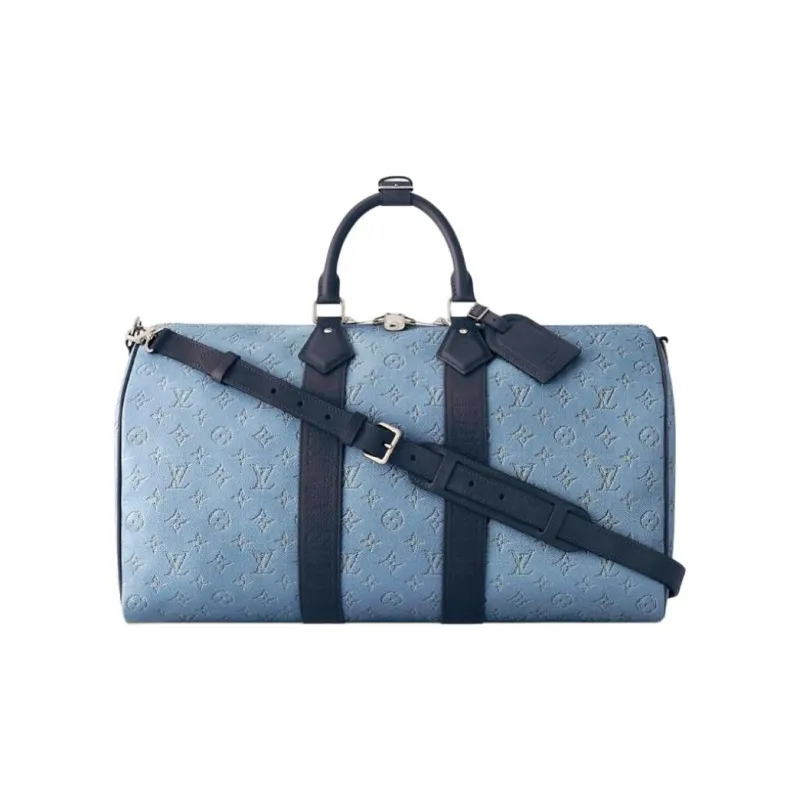 LOUIS VUITTON Keepall Denim One Shoulder Crossbody Handbag, Travel Bag Unisex Blue Denim Blue-0
