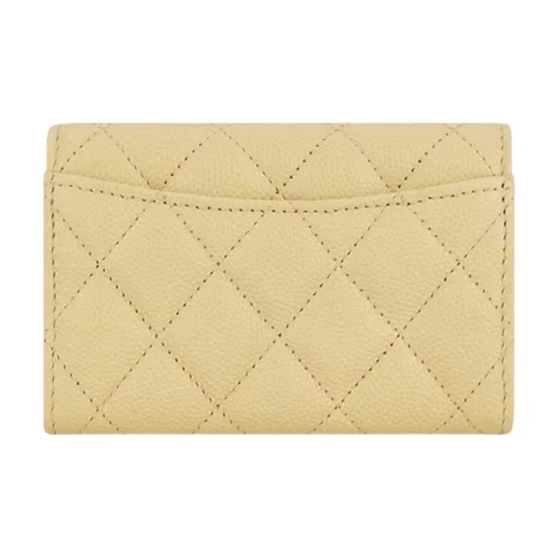 CHANEL Grain Embossed Cow Leather Coin Purse, Wallet, Card Holder Trumpets Women's Yellow-1
