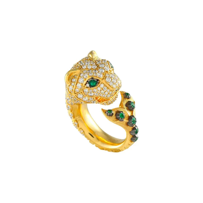 GUCCI 18K Yellow Gold Tiger Diamond And Tsavorite Ring-1