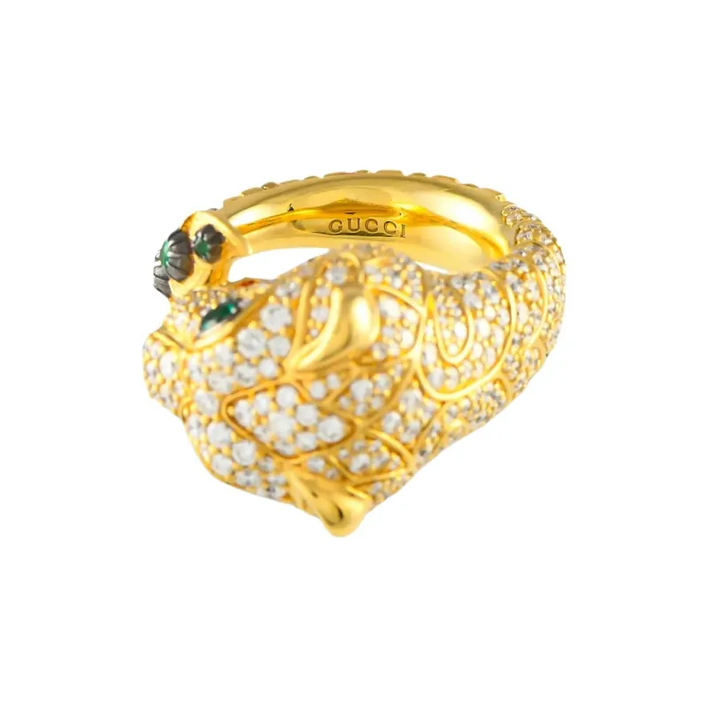 GUCCI 18K Yellow Gold Tiger Diamond And Tsavorite Ring-2