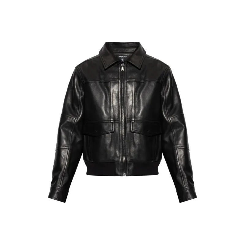 BALMAIN Classic Collared Zipped Leather Jacket-0