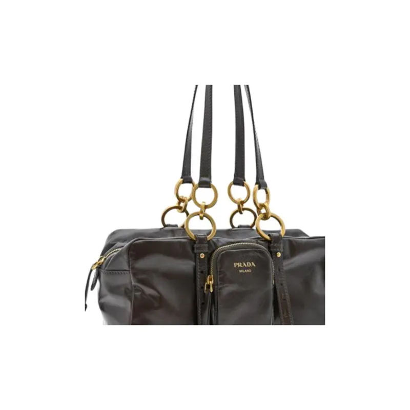 PRADA Calfskin Shoulder Bag Medium Size Women's Dark Brown-1
