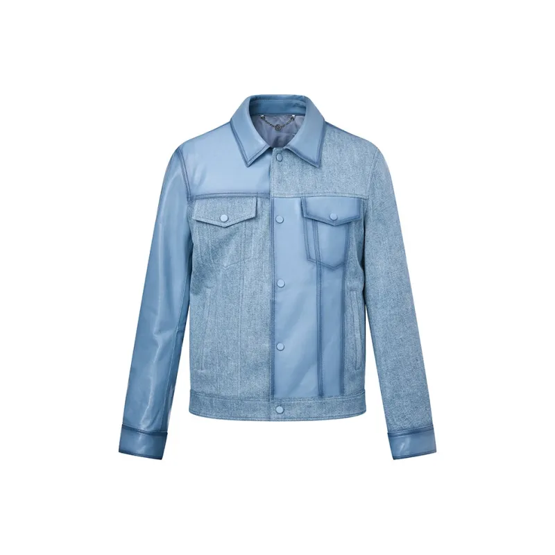 RARE Lapel Jacket Leather Jacket Men's Denim Blue-0