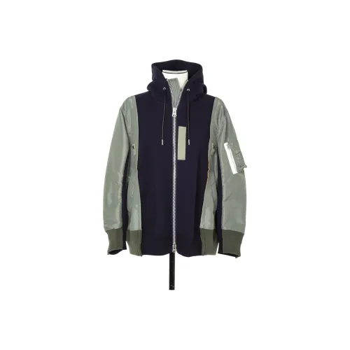 Sacai Panelled Zip Up Drawstring Hoodie