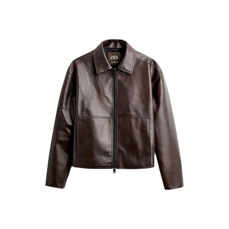 ZARA Leather Jacket Men's Dark Brown-0