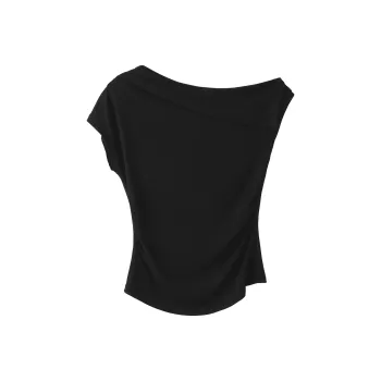 Fstudio Summer Korean Style Design Off Shoulder Versatile Fashion Short Sleeved T Shirts Women's Black