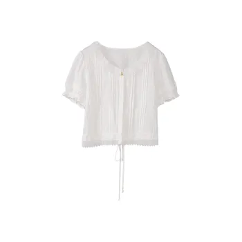 Fstudio Korean Style 100% Cotton Crew Neck High Rise Fashion Lace Trim Top Short Sleeved T Shirts Women's White