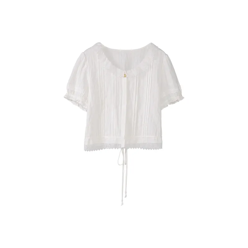 Fstudio Korean Style 100% Cotton Crew Neck High Rise Fashion Lace Trim Top Short Sleeved T Shirts Women's White-0