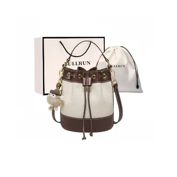 Bullrun Cow Leather With Synthetic Leather Bucket One Shoulder Handbag Women's Ecru & Coffee