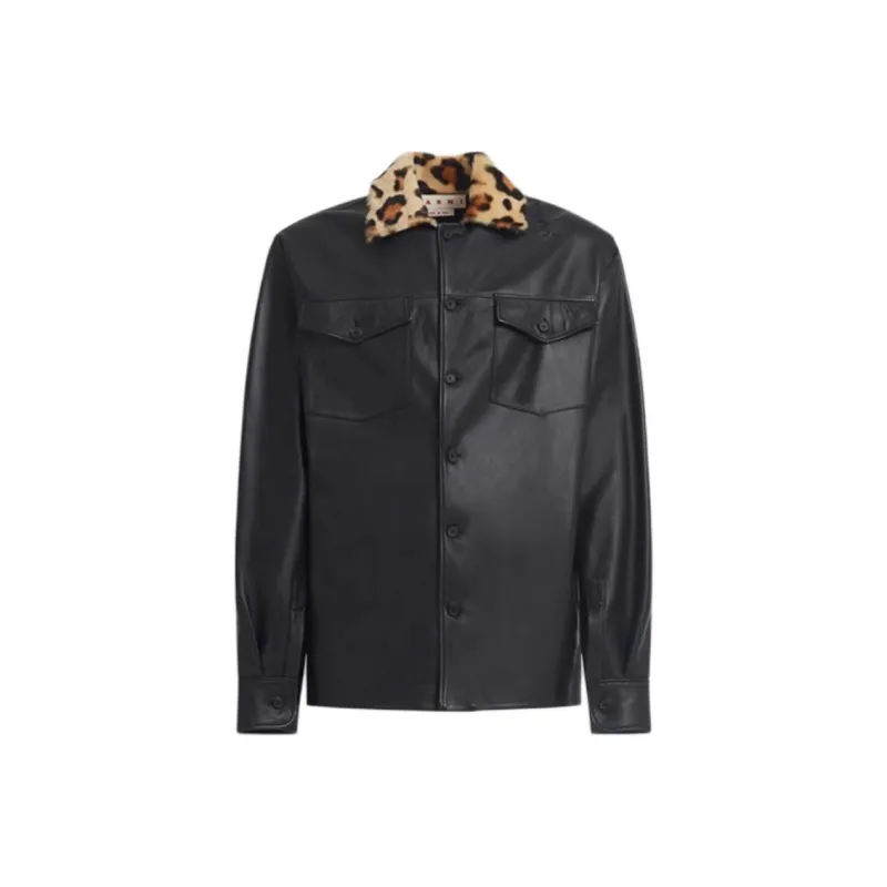 MARNI Leather Shirt With Shearling Collar-0