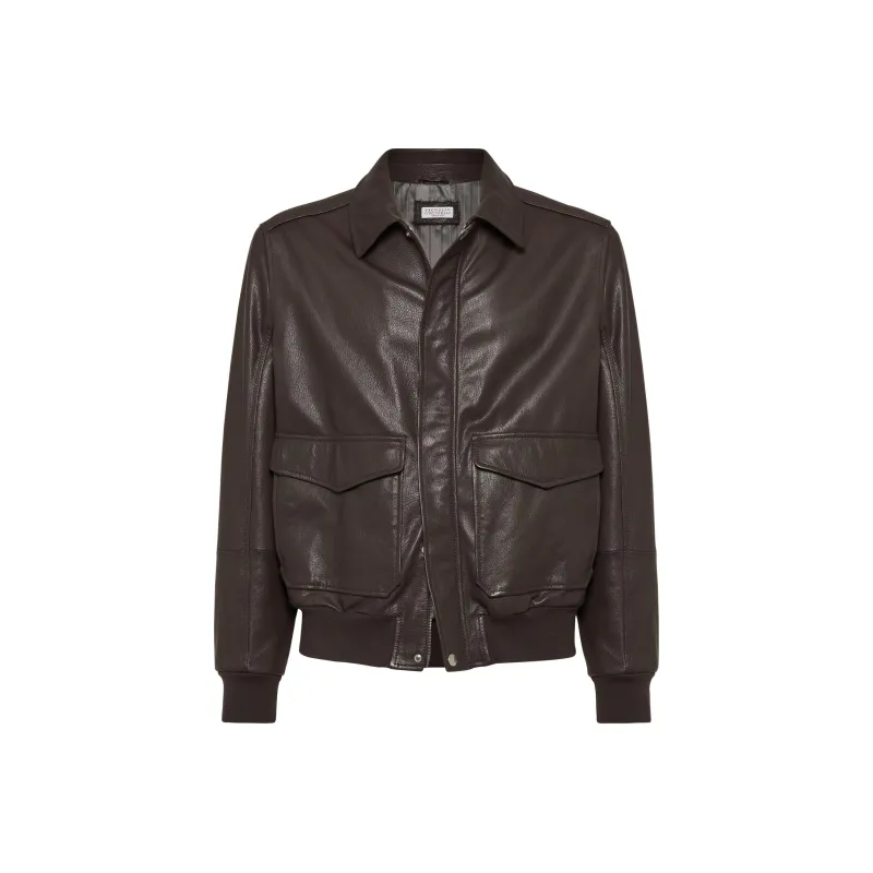 Brunello Cucinelli Aviator Zip Up Leather Jacket-0
