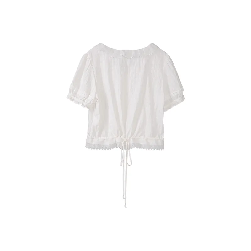 Fstudio Korean Style 100% Cotton Crew Neck High Rise Fashion Lace Trim Top Short Sleeved T Shirts Women's White-1