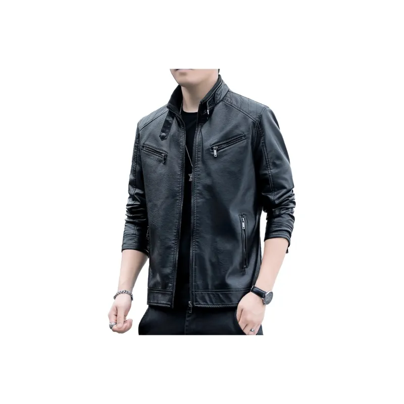 PIERRE CARDIN Stand Collar Leather Jacket Unisex-17