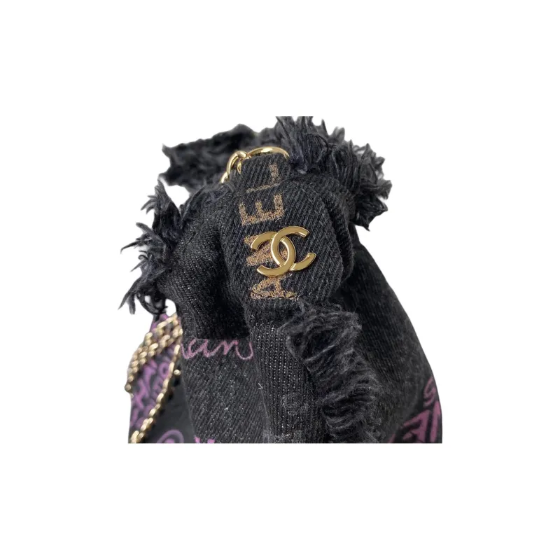 CHANEL Printed Denim Bucket Shoulder Bag Black-3