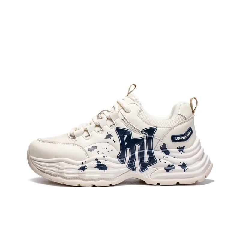 Pnj Slip Resistant, Abrasion Resistant, Breathable, Height Increasing Low Top Chunky Sneakers Unisex Beige Dark Blue-0