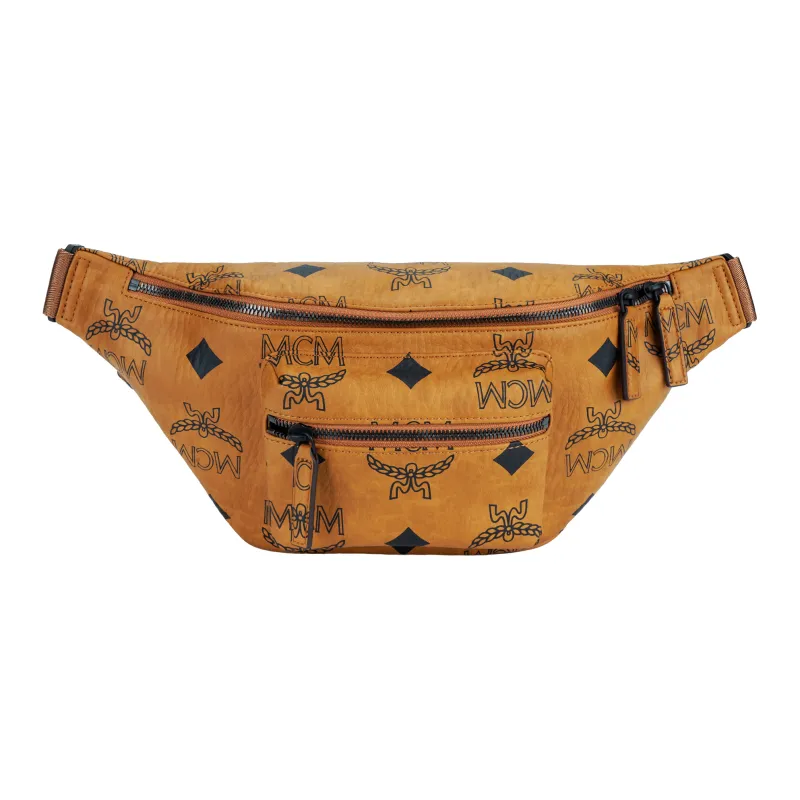 MCM Fursten Visetos Leather Crossbody Fanny Pack Medium Size Unisex Brown Cognac-0