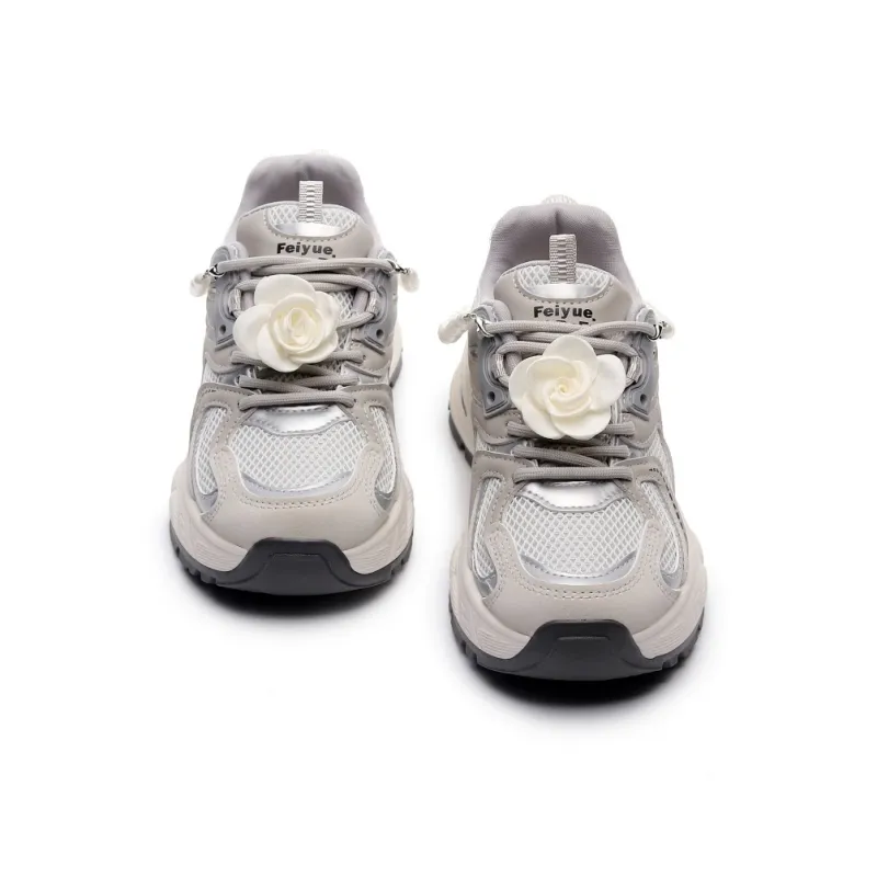 Feiyue Girly Heart Series Abrasion Resistant Breathable Height Increasing Low Top Chunky Sneakers Women's Silver-2