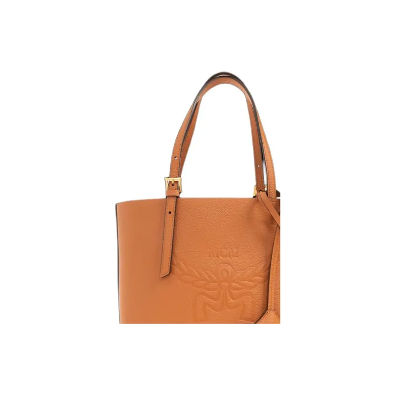 MCM Embossed Leather Tote Bag, Shopping Bag, Handbag Mini Women's Cognac-4