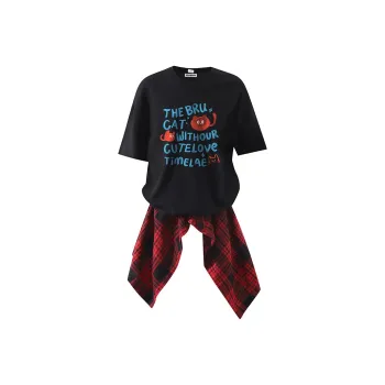 BRUMAIRE T Shirt Unisex Black+Red Plaid Apron Skirt