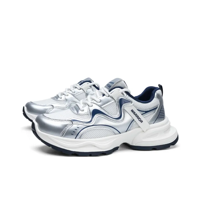 Warrior Slip Resistant, Abrasion Resistant, Lightweight Low Top Chunky Sneakers Women's White Silver Dark Blue-1