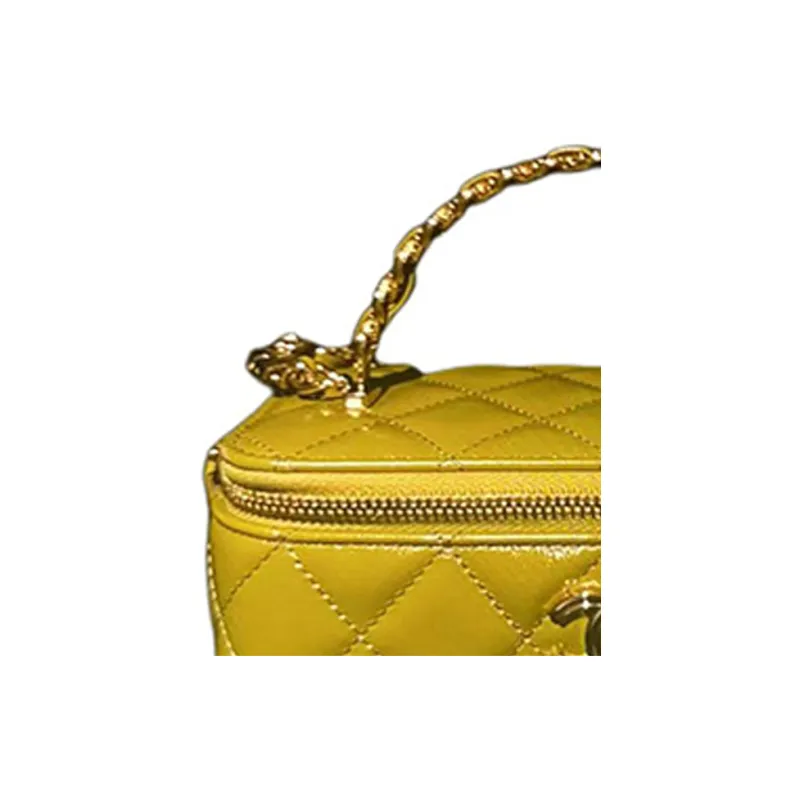 CHANEL Oil Wax Sheepskin Box Bag, Makeup Bag, Handbag, Shoulder Bag, Crossbody Bag, Clutch Women's Yellow-1