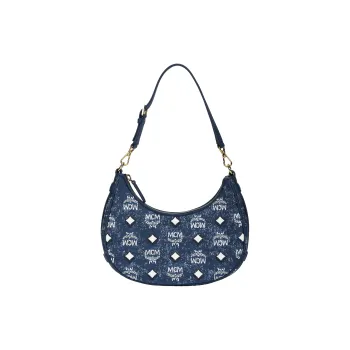 MCM Aren Denim Jacquard Nappa Leather Trim Crescent Bag Handbag, Shoulder Bag Trumpets Women's Blue