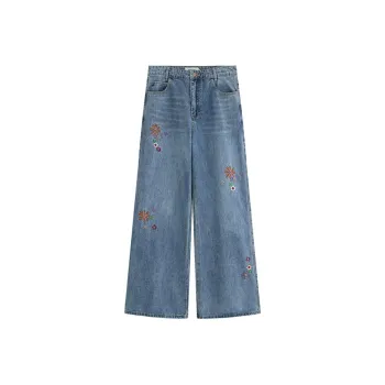 WULISHAONIAN Spring And Summer Floral Embroidery Casual Versatile Jeans Unisex Denim Blue